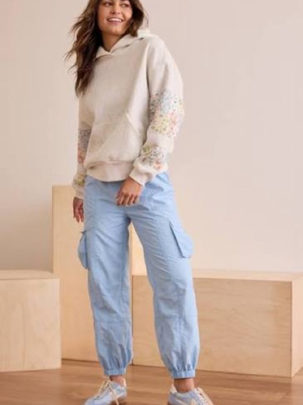 Altar'd State Cream Hoodie Sweater with Pastel Floral Patchwork - Picture 2 of 4